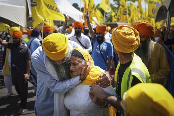 People mourn Sikh community leader and temple president Hardeep Singh Nijjar during funeral services for him, in Surrey, British Columbia, Canada, June 25, 2023.