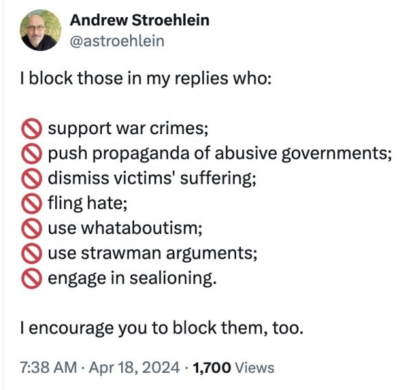 In a twitter post, Andrew Stroehlein describes the rules he uses to block people on social media.