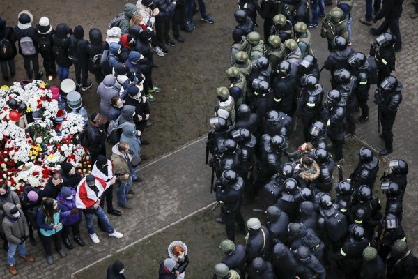 Belarusian riot police block participants at an opposition rally in Minsk, Belarus, shortly before parliamentary and local elections, and in the aftermath of the controversial presidential election results which were officially declared in favor of Alexander Lukashenko, November 15, 2020. 