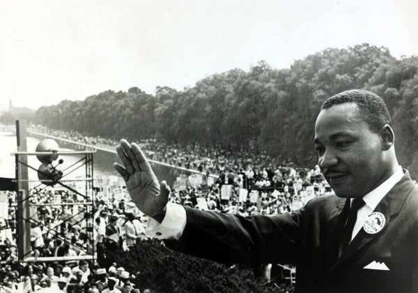 Martin Luther King Jr. on the steps of the Lincoln Memorial during the March on Washington for Jobs and Freedom in Washington, DC, August 1963.