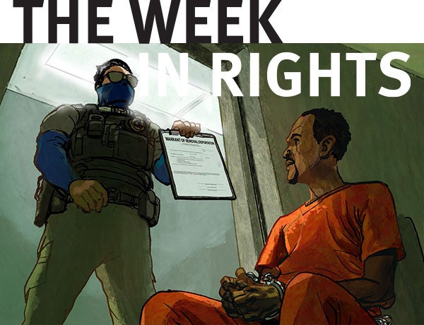 Illustration of detention center guard standing over detainee. 