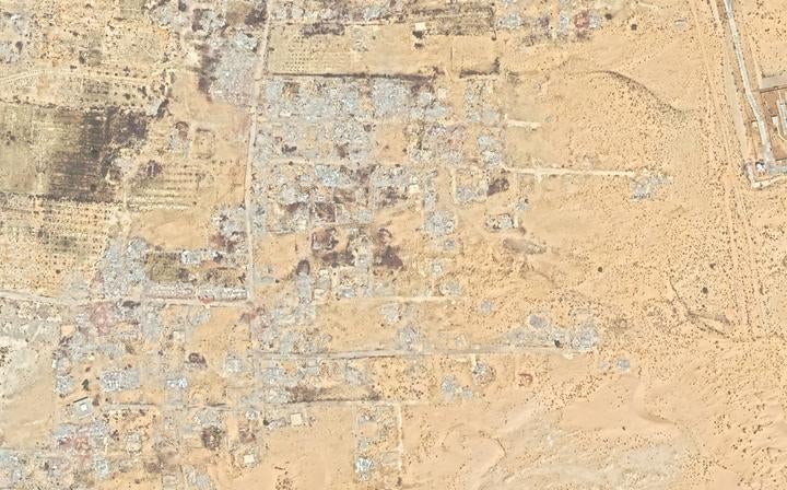 Before and after satellite imagery illustrates demolition in al-Arish city. Before: June 1, 2018. After: April 7, 2019.
