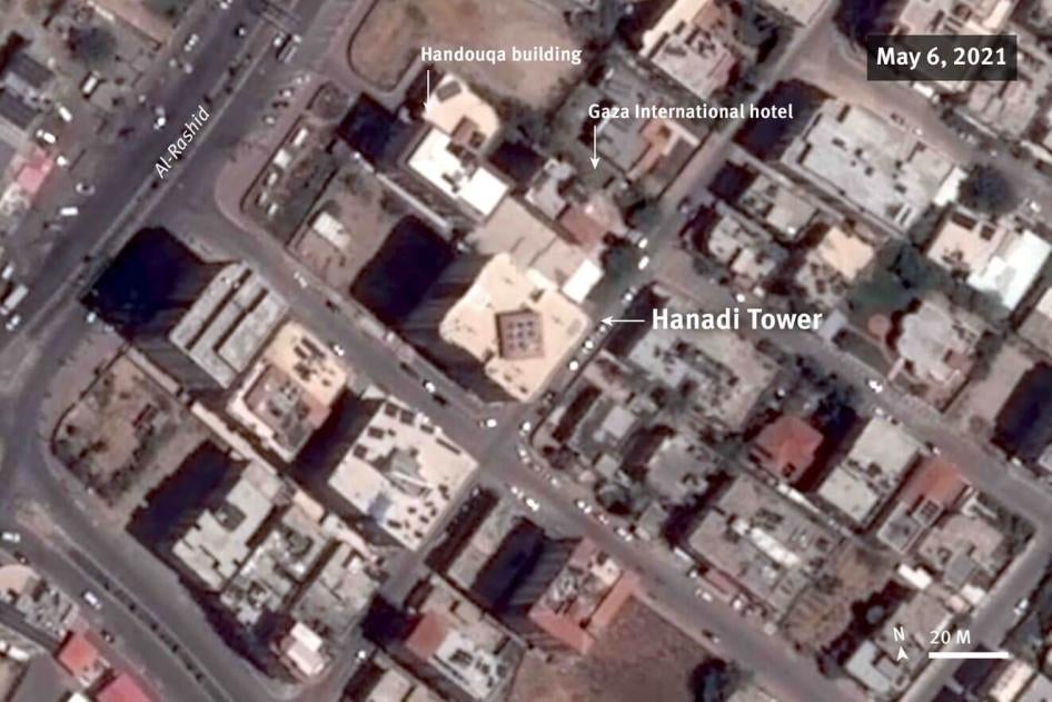 Before and after satellite imagery illustrates the attack and associated damage on Hanadi tower