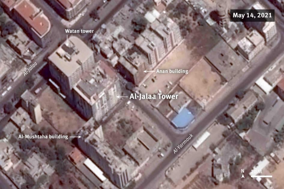 Before and after satellite imagery illustrate the attack and the associated damage to al-Jalaa tower 
