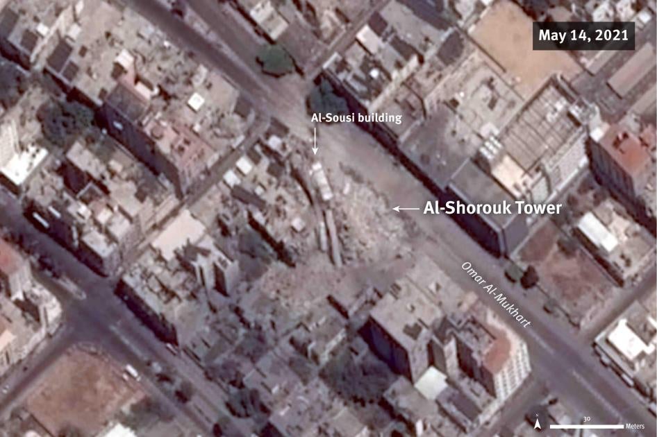 Before and after satellite imagery illustrates the attack which completely destroyed al-Shorouk tower 
