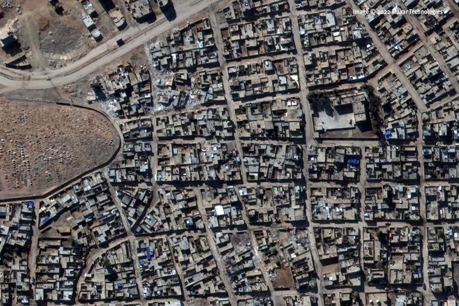 Satellite imagery of East Ghweran neighborhood in al-Hasakah city, Northeast Syria, showing damaged buildings on January 28, 2022.