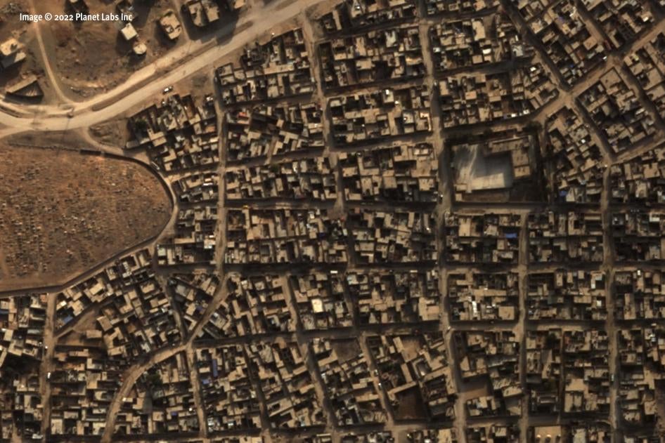 Imágenes por satélite del barrio de Ghweran Oriental en la ciudad de al-Hasakah, en el noreste de Siria, que muestran edificios intactos el 14 de diciembre de 2021.