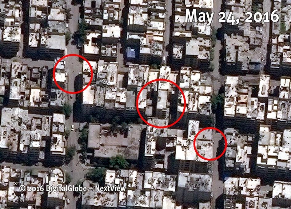 Satellite image of Al-Qatirji neighborhood, Aleppo, before extensive building destruction after multiple air strikes on June 5, 2016.