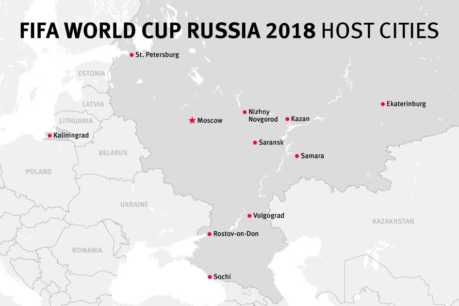 Map of the FIFA World Cup Russia 2018 host cities 