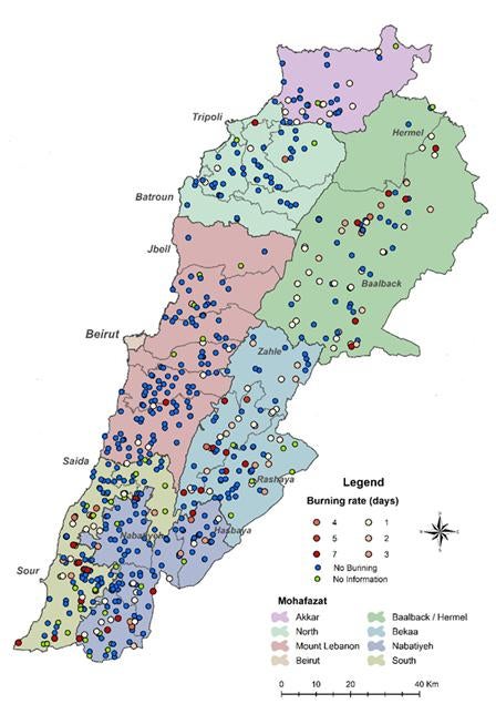 Map of municipal solid waste dump burn rates in Lebanon