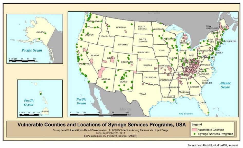 Map of Vulnerable Counties and Locations of Syringe Services Programs, USA