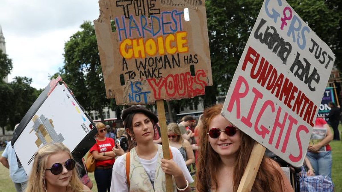 Women gather in Parliament Square for a protest in support of legal abortion in Northern Ireland, Britain, June 24, 2017.