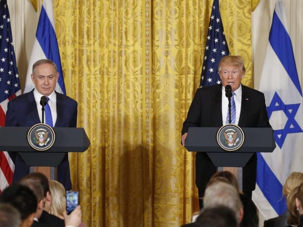 U.S. President Donald Trump with Israeli Prime Minister Benjamin Netanyahu at a joint news conference at the White House in Washington, DC, February 15, 2017.