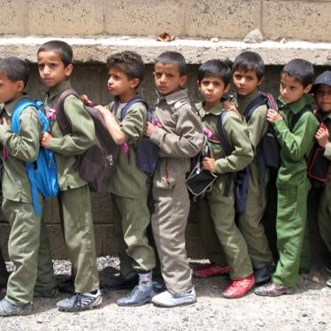 Students line up at the end of the day at a school in Sana’a, Yemen