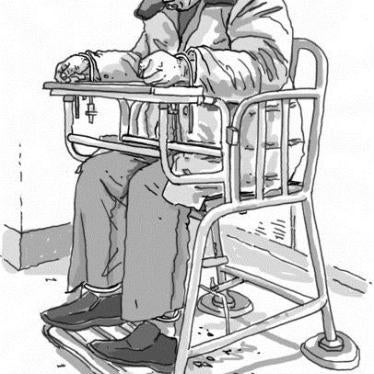 Illustration of a suspect restrained in what the police call an “interrogation chair,” but commonly known as a “tiger chair.” 
