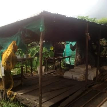 A photograph sent to Human Rights Watch showing the living conditions of a displaced indigenous community in Buenaventura, Colombia. Their limited access to water and health services means that Covid-19 could spread quickly through the community.
