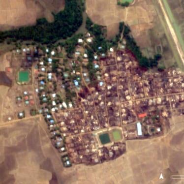 Satellite imagery recorded on May 23, 2020, shows approximately 70 percent of Let Kar village destroyed by fire. Damage analysis by Human Rights Watch.  Satellite imagery © 2020 Planet Labs
