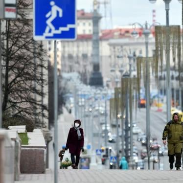 A nearly empty Oktyabrskaya Street in Minsk, Belarus amid coronavirus (Covid-19) pandemic precautions on April 05, 2020.