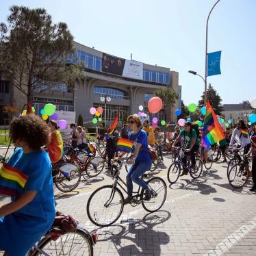 Participants ride bikes during the Gay Pride Parade in Tirana, Albania, May 13, 2017. 