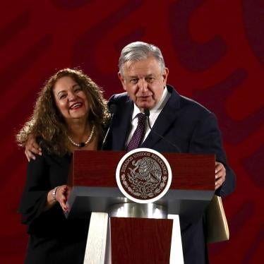 President Andrés Manuel López Obrador and Sanjuana Martínez, director of Notimex, during the morning conference on Friday, July 19, 2019 at the National Palace.