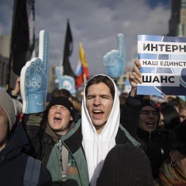 Demonstrators, with a poster on the right reading "internet is our only chance," attend the Free Internet rally in response to a bill making its way through parliament calling for all internet traffic to be routed through servers in Russia— making VPNs (virtual private networks) ineffective, in Moscow, Russia, Sunday, March 10, 2019.