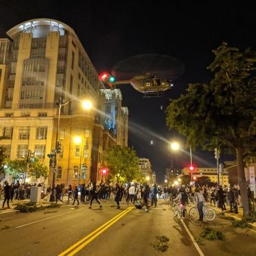 A US military UH-72A “Lakota” hovers low over protesters on June 1, 2020 in Washington, DC, battering them with its rotor wash and sending debris flying.