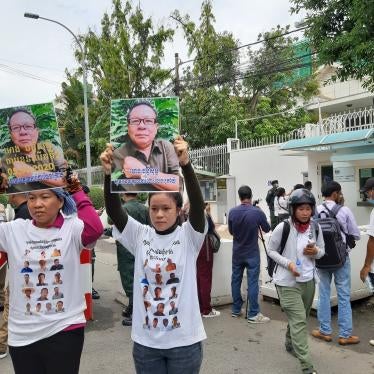 Family members of detained opposition activists hand in a petition calling for the British Embassy to ​speak out on human rights in Cambodia, July 24, 2020. 