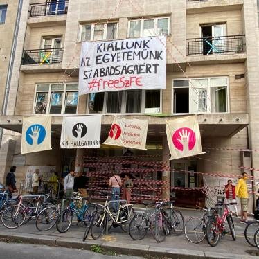 Students barricading themselves at the University of Theatre and Film Arts, displaying banners reading, “We stand up for the freedom of our university” and “We won’t stay silent,” Budapest, Hungary, September 2, 2020.