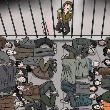 Dibujo de un centro de detención e interrogación preventiva (kuryujang) basado en testimonios de ex detenidos compartidos con Human Rights Watch y experiencia personal del ilustrador.  