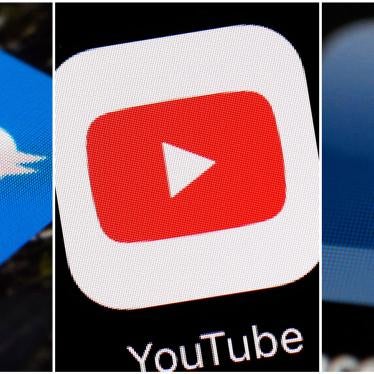 Combination of images shows logos for companies from left, Twitter, YouTube and Facebook.