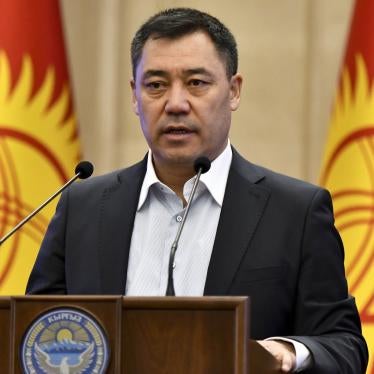 Kyrgyzstan's Prime Minister Sadyr Japarov delivers his speech during an official ceremony of transfer of the power at the Kyrgyzstan Parliament in Bishkek, Kyrgyzstan, Friday, Oct. 16, 2020.