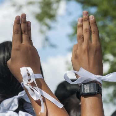 Students hold up a three finger salute during a protest.