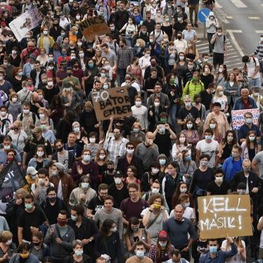 Demonstrators march against the dismissal of the editor-in-chief of the Hungarian news website Index.hu in the streets of Budapest, Hungary, Friday, July 24, 2020.