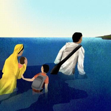 An illustration of a family walking through water