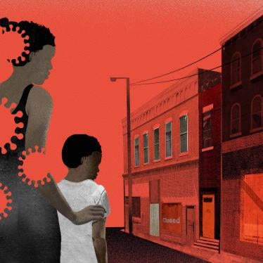 An illustration of a woman and child standing outside of businesses with closed signs