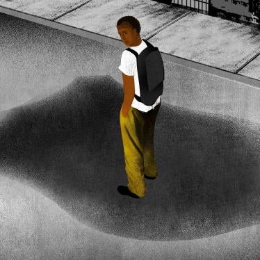 An illustration of a boy wearing a backpack on the street