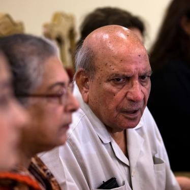 I.A. Rehman, center, addresses a news conference, in Islamabad, Pakistan, July 16, 2018.