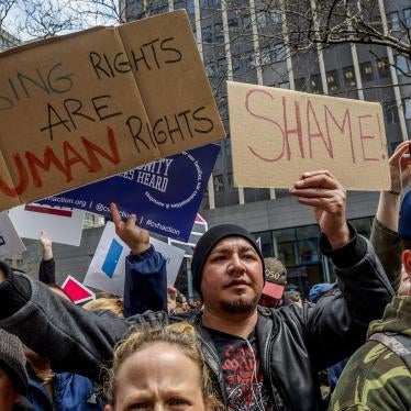 A group of protestors during a major demonstration at 26 Federal Plaza in New York City, in response to then-President Donald Trump’s proposal to cut $6.2 billion in federal housing funds, April 20, 2017. 