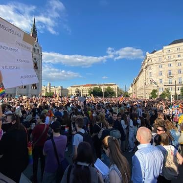 Thousands protest the anti-LGBT law in Budapest, Hungary, June 14, 2021. 