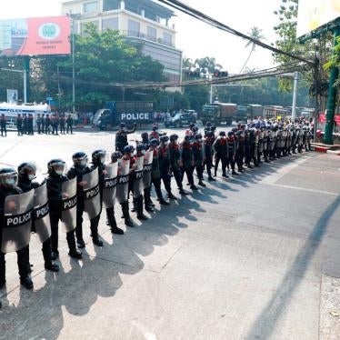 Myanmar police block a road near the US embassy in Yangon, Myanmar, February 22, 2021.