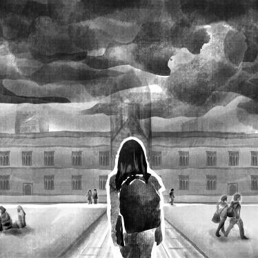 A black and white illustration of a storm clouds hanging over a university building as a student walks towards it