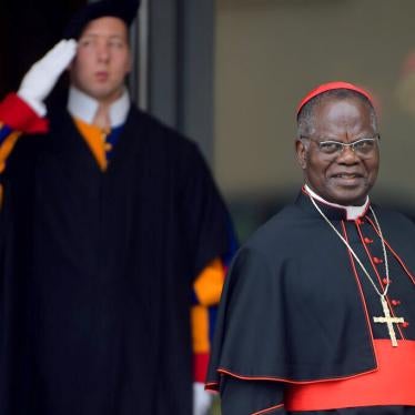 Cardinal Laurent Monsengwo from the Democratic Republic of Congo arrives at the Synod hall in the Vatican on February 13, 2015.