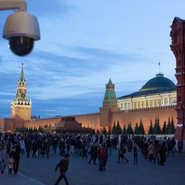 A surveillance camera operates in Red square near the Kremlin in Moscow.