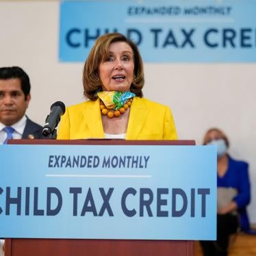 Speaker of the House Nancy Pelosi, center, and US Congressman Jimmy Gomez, hold a press conference about the new Child Tax Credit, in Los Angeles, July 15, 2021. 