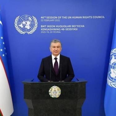 President of the Republic of Uzbekistan Shavkat Mirziyoyev delivers a speech at the 46th Session of the United Nations Human Rights Council on February 22, 2021.