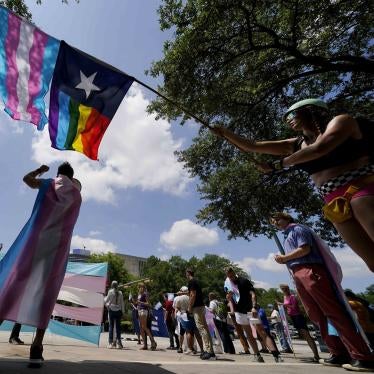 Protesters waving trans and lgbtq pride flags