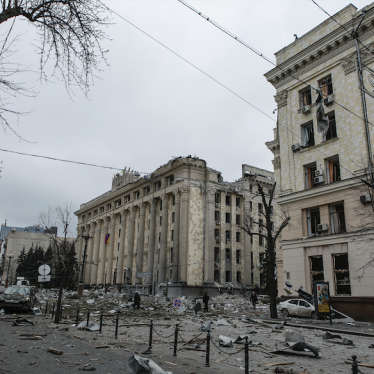 A view of the central square following shelling of the City Hall building in Kharkiv, Ukraine. © March 1, 2022