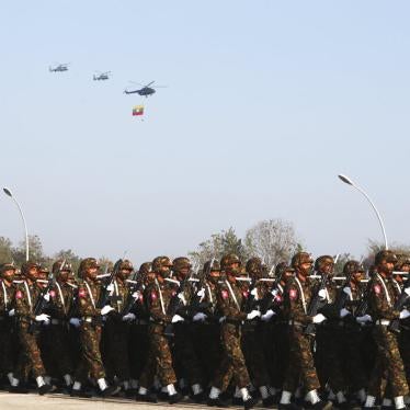 Myanmar armed forces march on the 75th anniversary of Union Day on February 12, 2022 in Naypyidaw, Myanmar. 