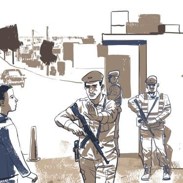 An illustration of security forces confronting a woman with short hair