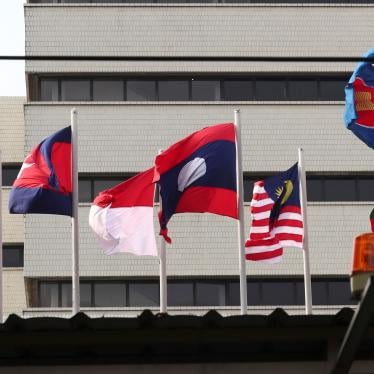 Flags of member countries fly at the ASEAN Secretariat in Jakarta, Indonesia, April 22, 2021.